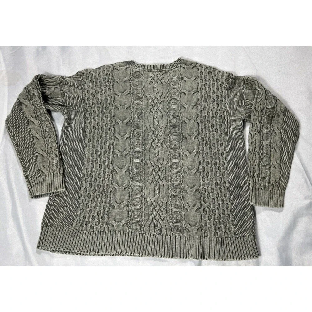J Jill Olive Green Mineral Wash Thick Cable Knit Chunky Cotton Sweater L Tall - Picture 3 of 12